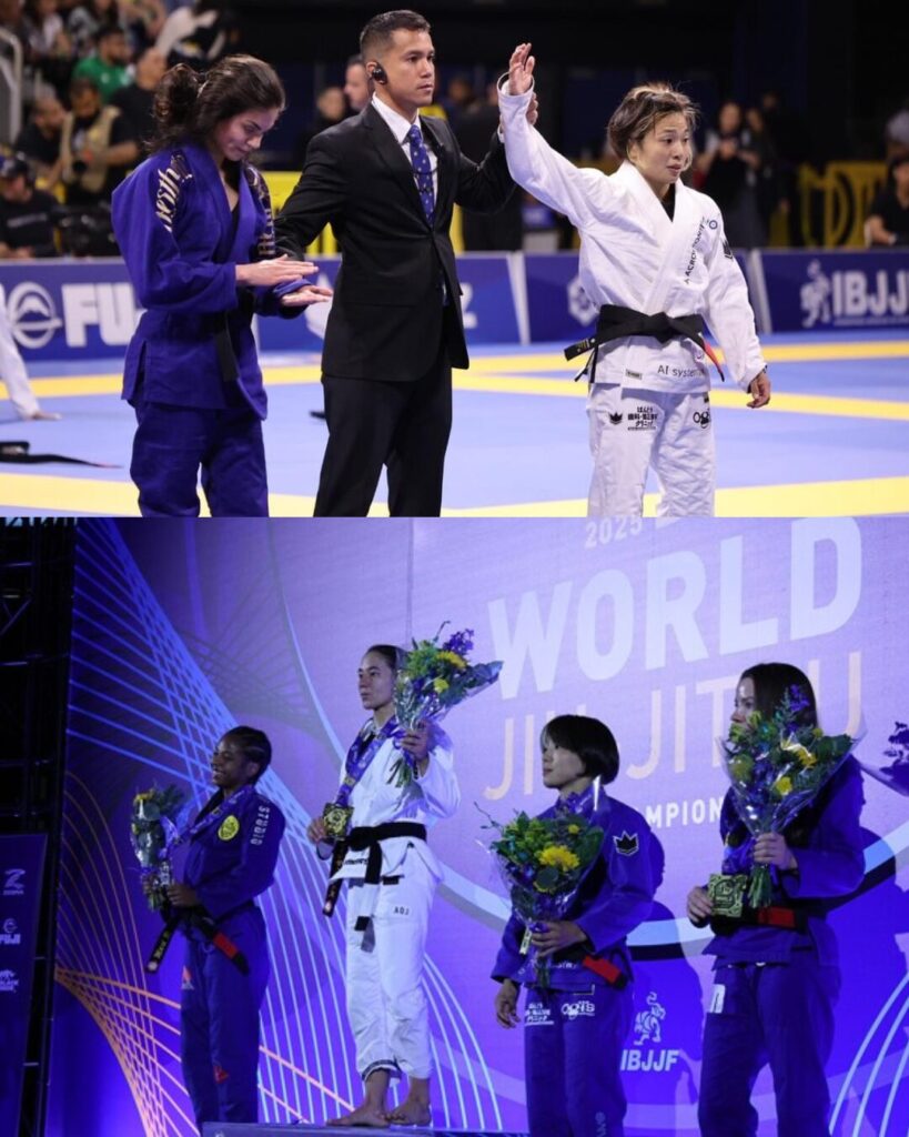 池田海南江選手が勝ち名乗りを受ける瞬間と表彰台の様子